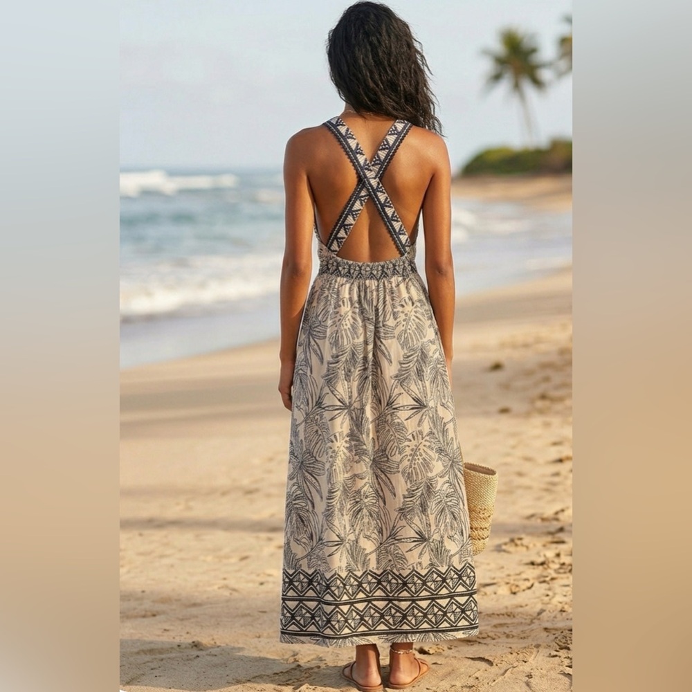 NWT Dress Forum Beige Maxi Dress with Black Botanical Print SIZE M - Picture 2 of 6